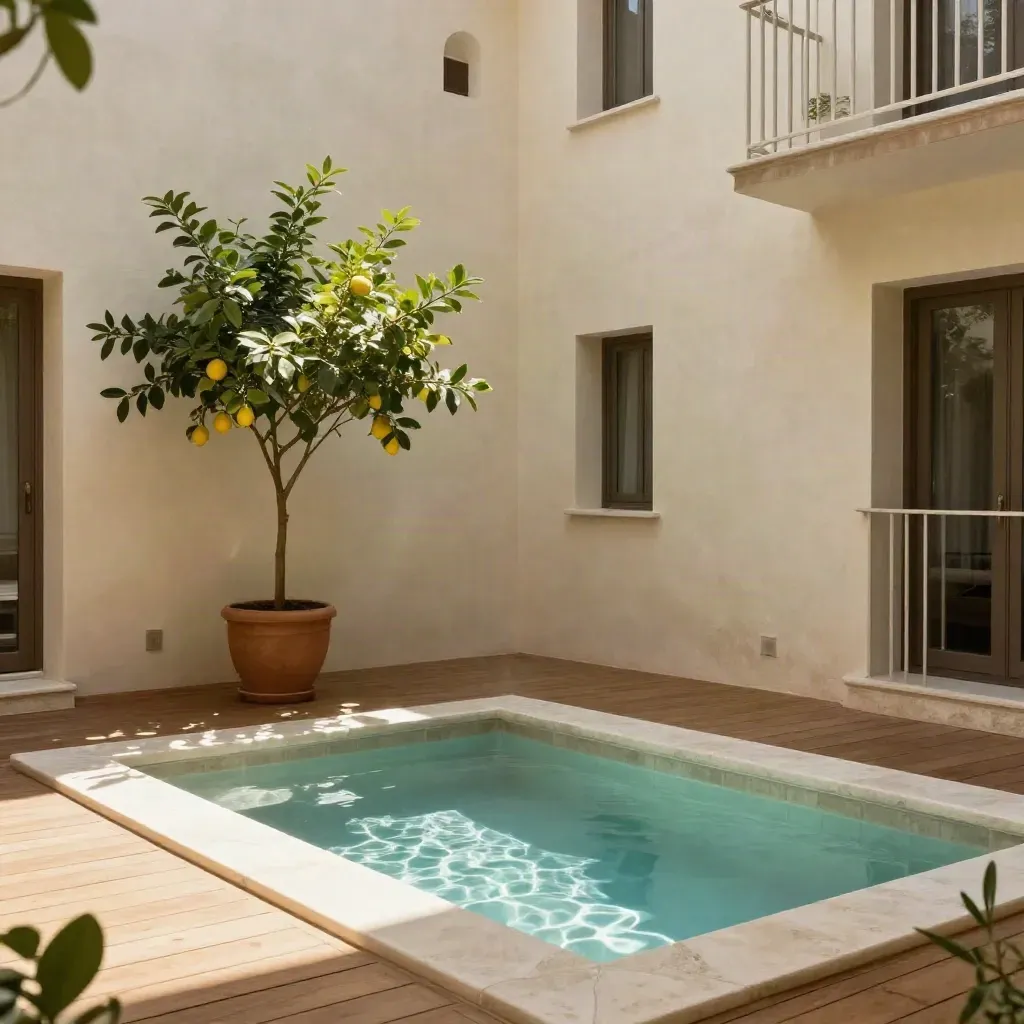 Kleiner Innenhof mit Plunge-Pool, Zitronenbaum im Topf und weißen Balkongittern im Morgenlicht.