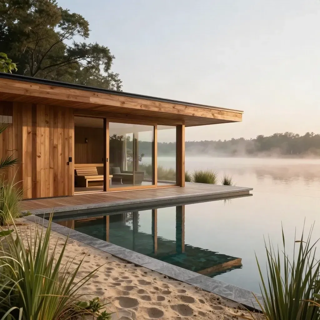 Modernes Poolhaus am See mit Schilf, Infinity-Pool und Nebel in der Abenddämmerung.