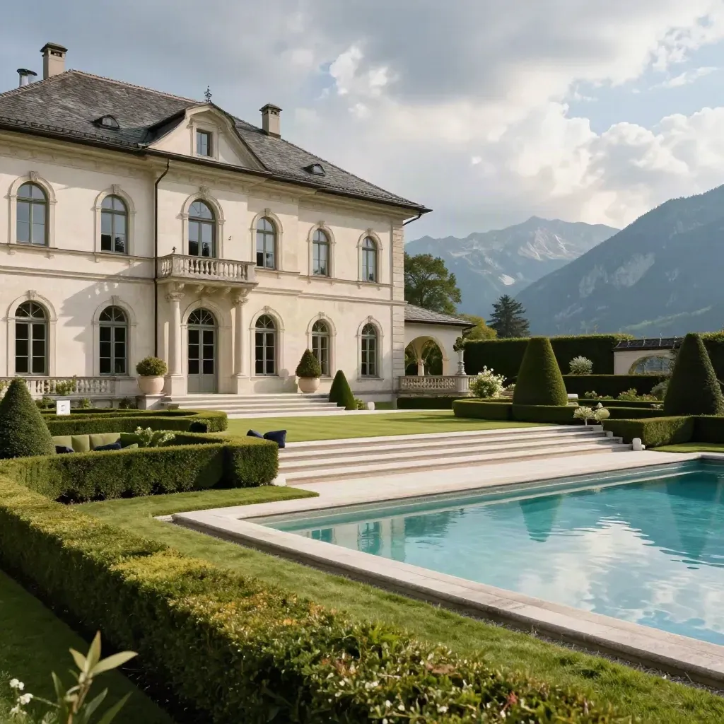 Bayerische Villa mit Garten und rechteckigem Pool vor Alpenlicht