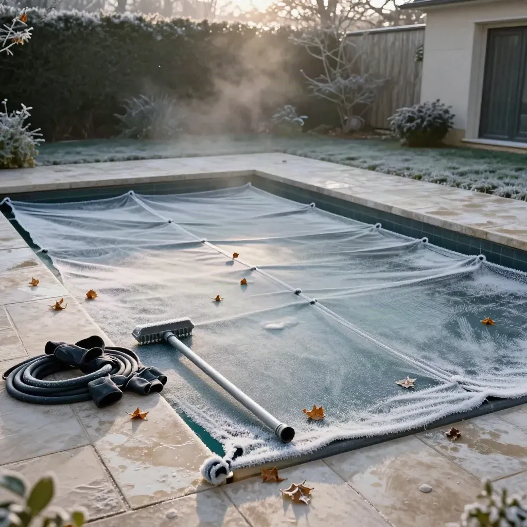 Frostiger Pool mit Mesh-Abdeckung, Laub und Winterzubehör im Morgennebel.